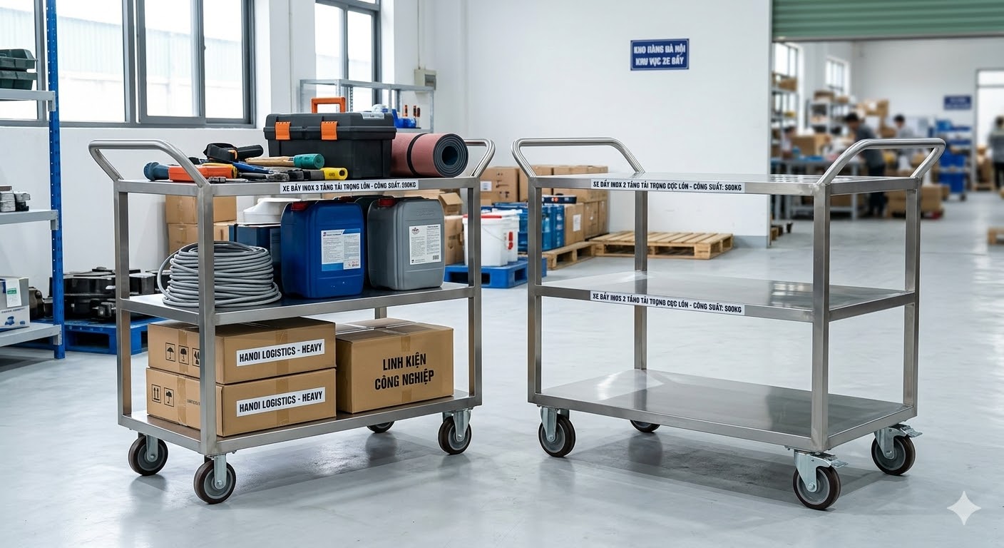 Xe đẩy inox 2 tầng, 3 tầng tải trọng lớn