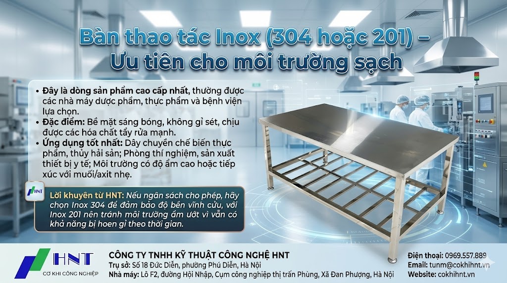 Bàn thao tác Inox (304 hoặc 201) – Ưu tiên cho môi trường sạch