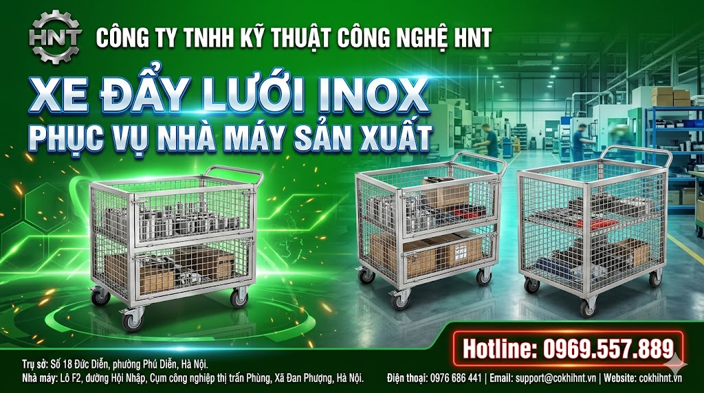 Xe đẩy lưới inox phục vụ nhà máy sản xuất