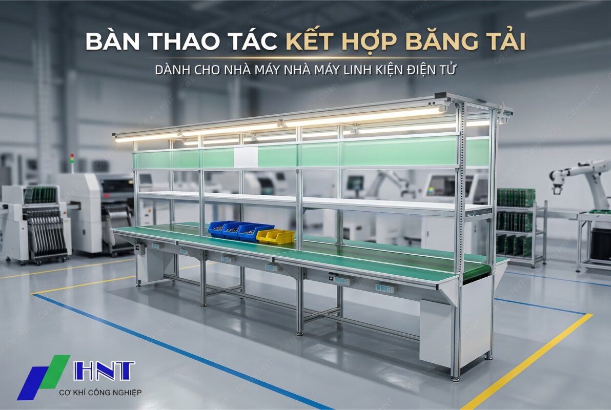 Bàn Thao Tác Kết Hợp Băng Tải Cho Nhà Máy Linh Kiện Điện Tử – Tối Ưu Dây Chuyền, Nâng Cao Năng Suất