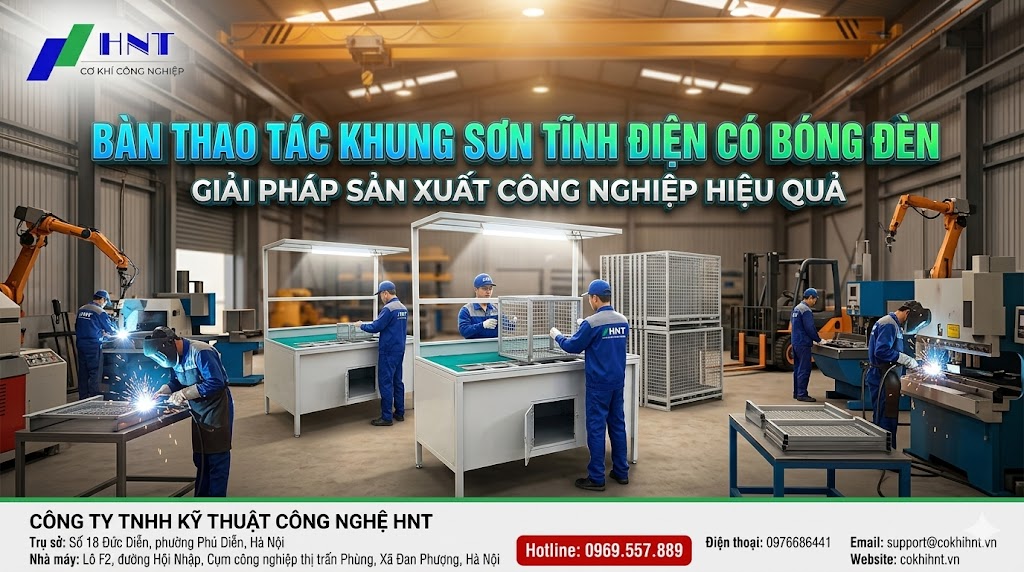 Bàn thao tác khung sơn tĩnh điện có bóng đèn và tích hợp lỗ xả rác
