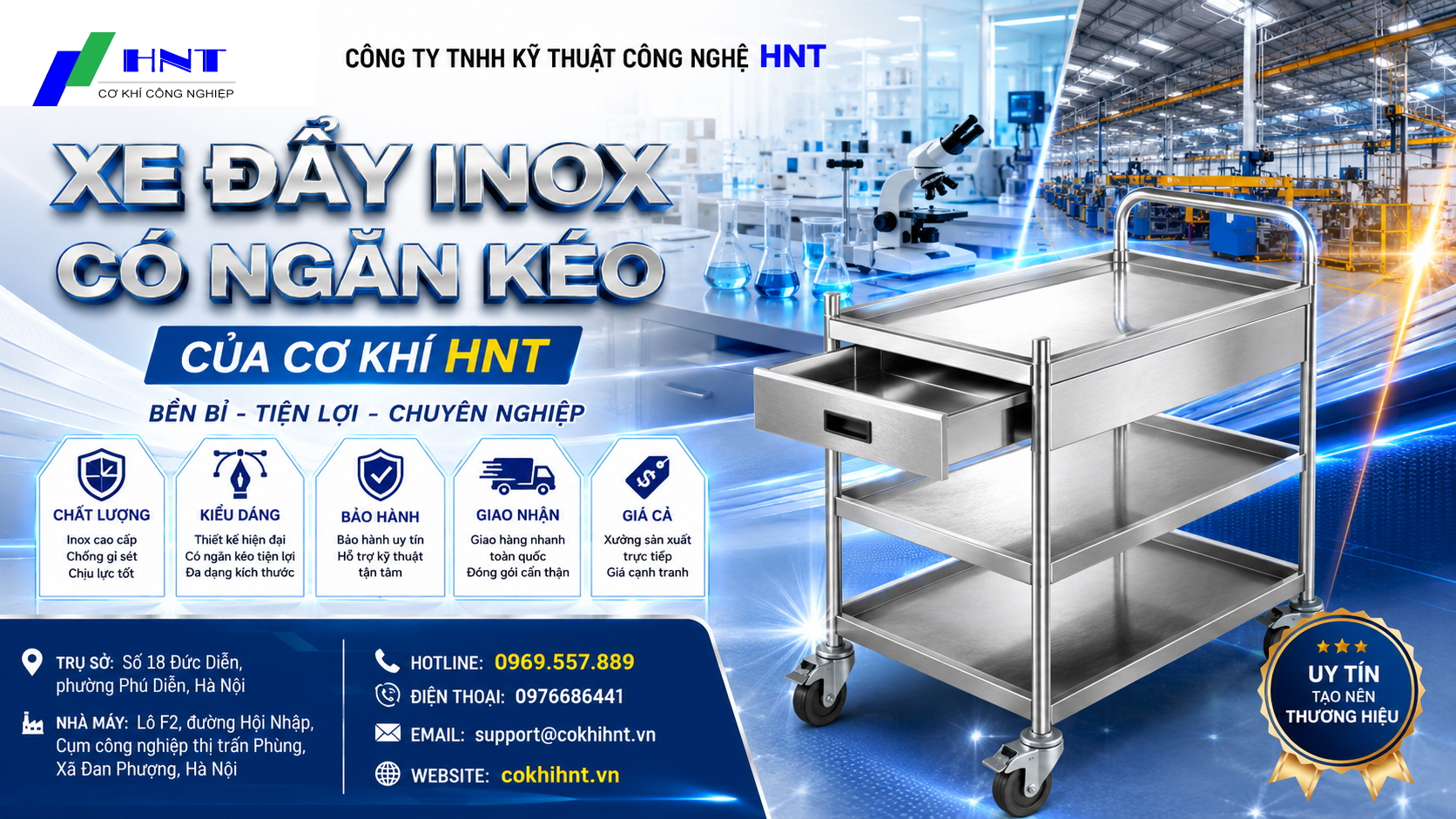 Xe đẩy inox có ngăn kéo của Cơ khí HNT