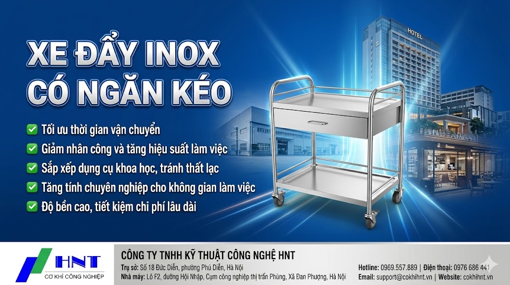 Xe đẩy inox 2 tầng có ngăn kéo
