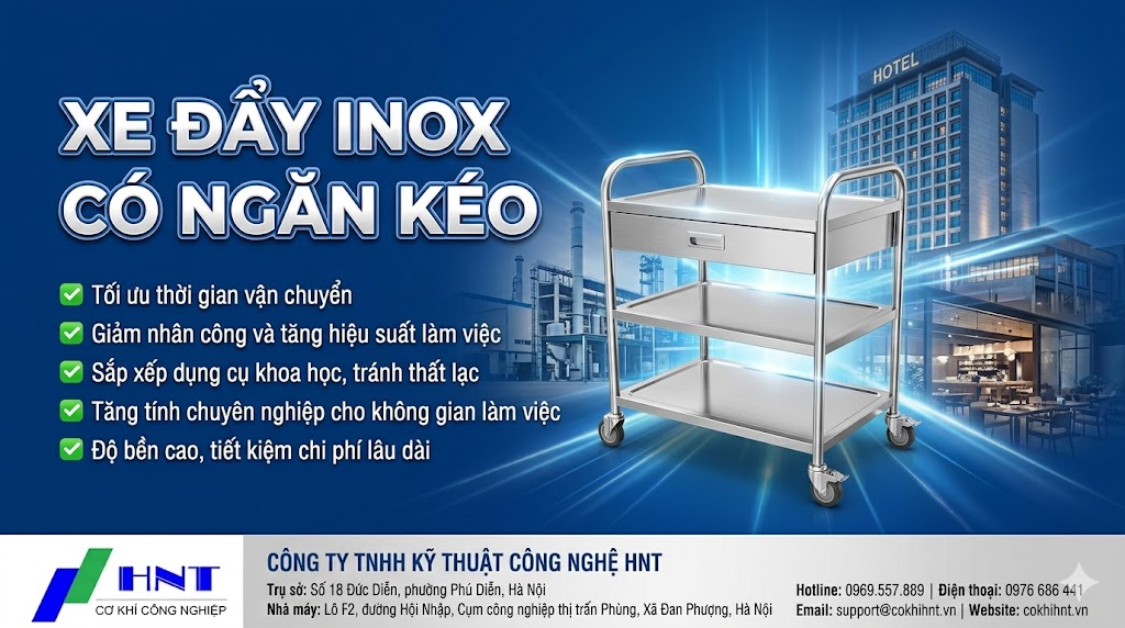 Xe đẩy inox 3 tầng có ngăn kéo