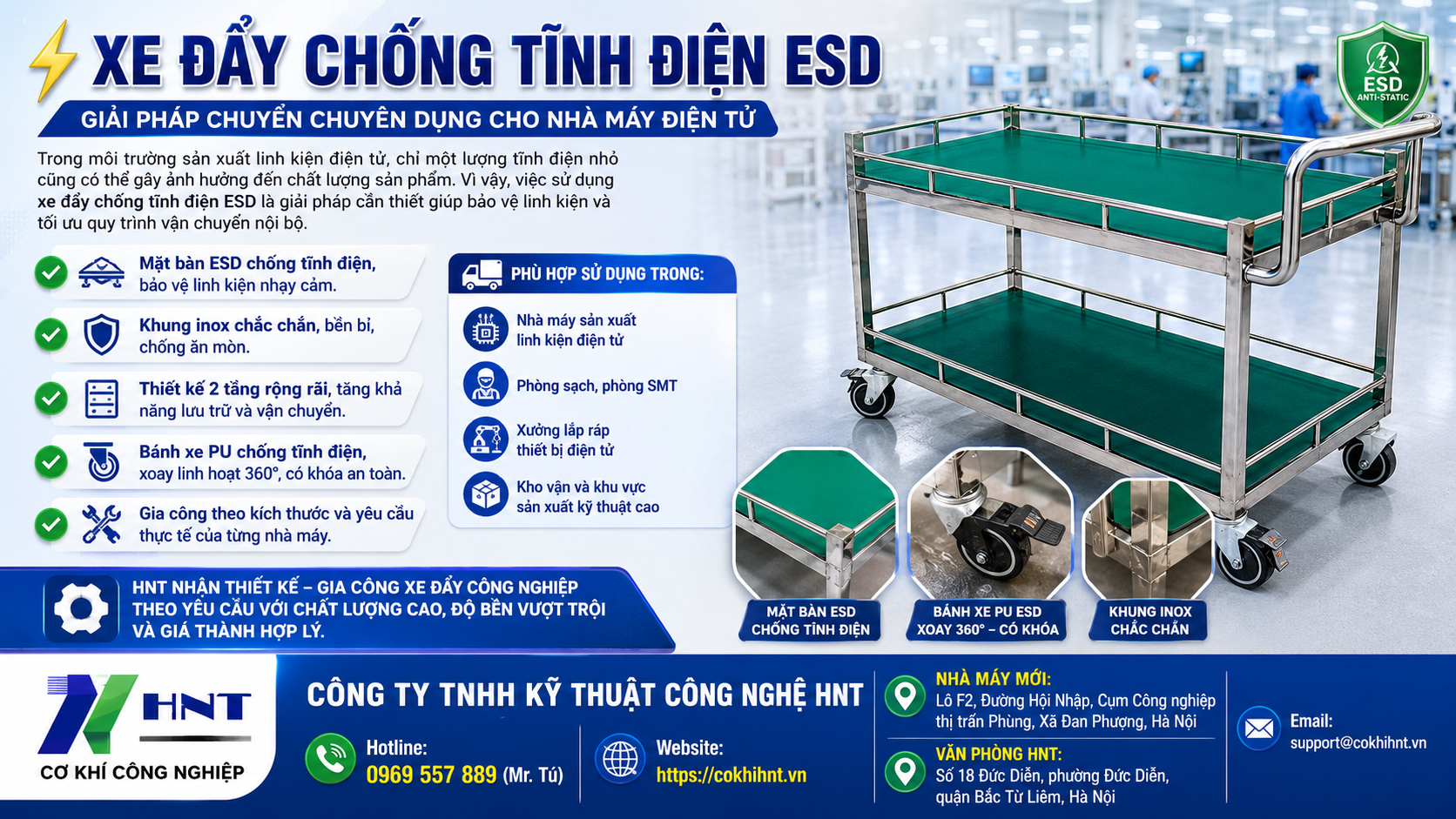 Xe đẩy inox chống tĩnh điện ESD