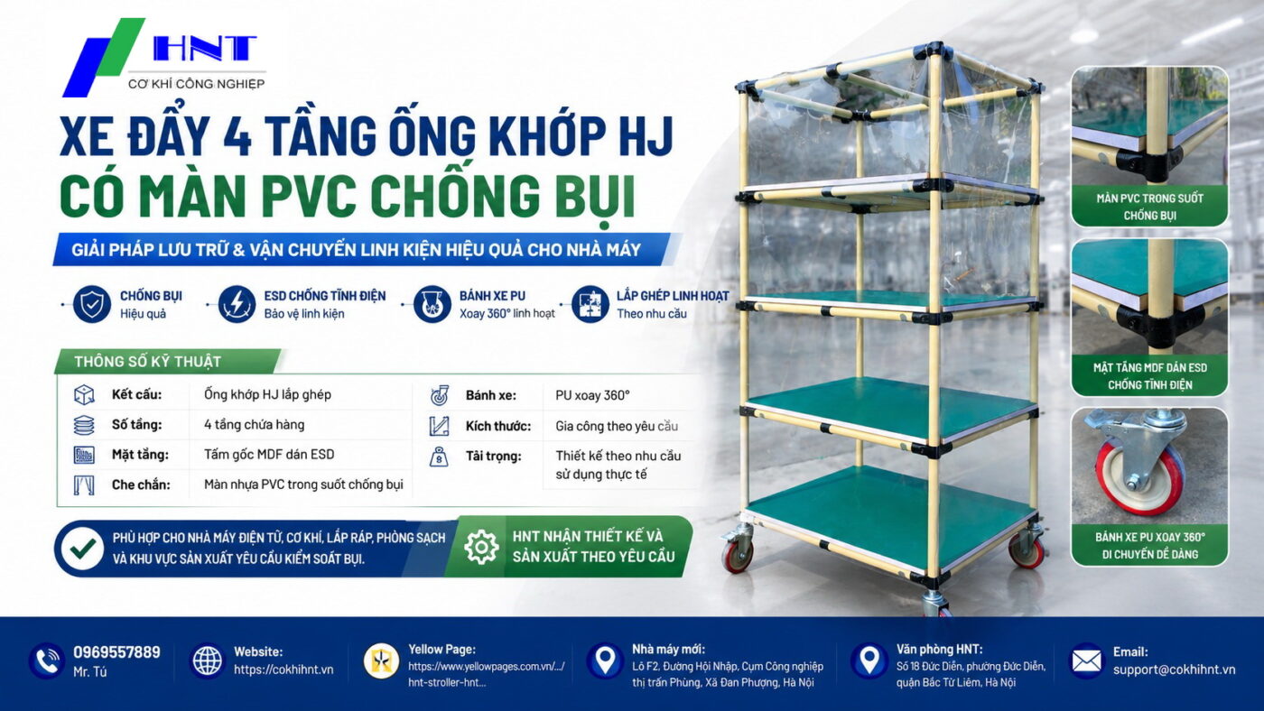 Xe đẩy 4 tầng ống khớp HJ có màn PVC chống bụi