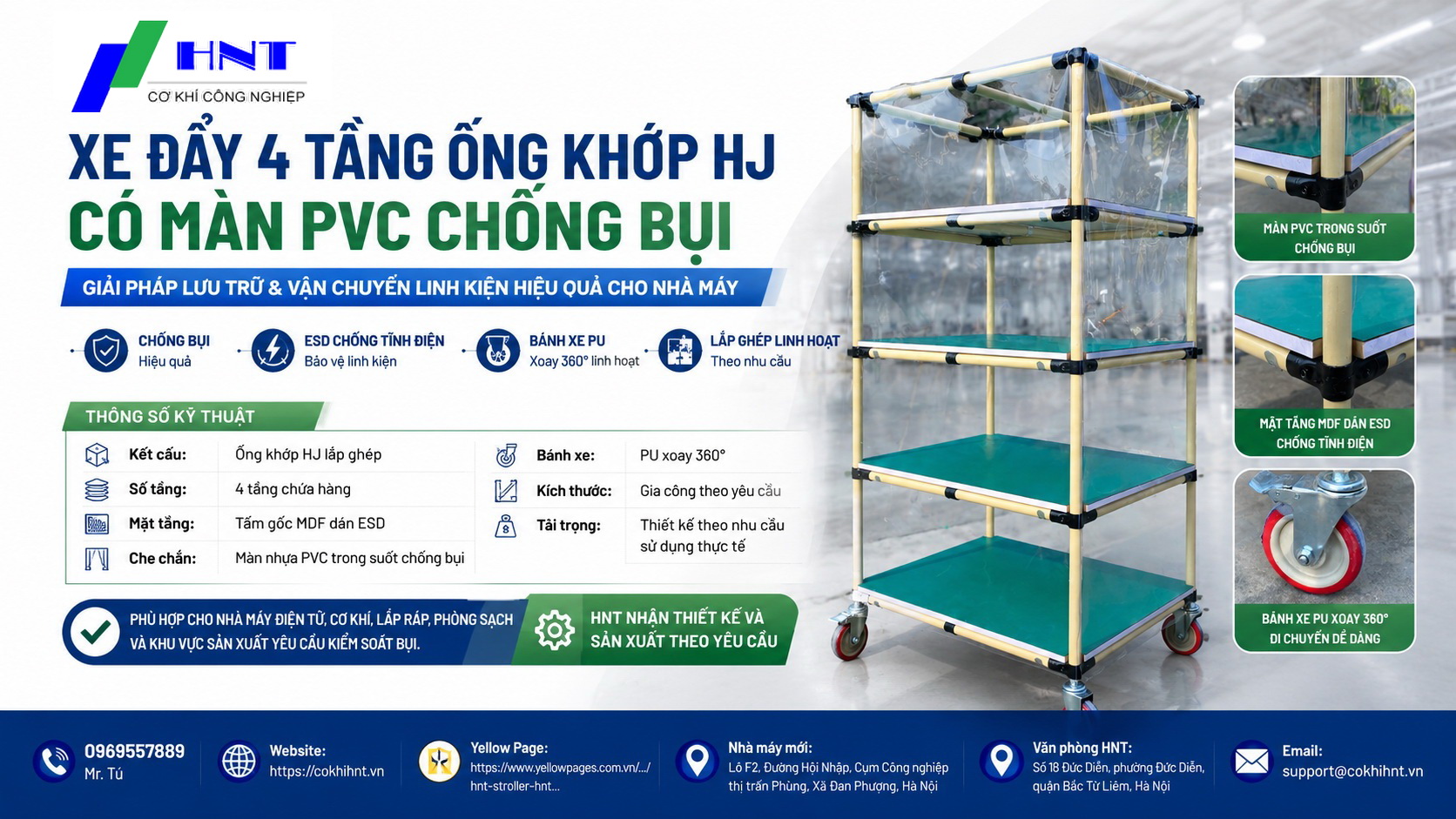 Xe đẩy 4 tầng ống khớp HJ có màn PVC chống bụi