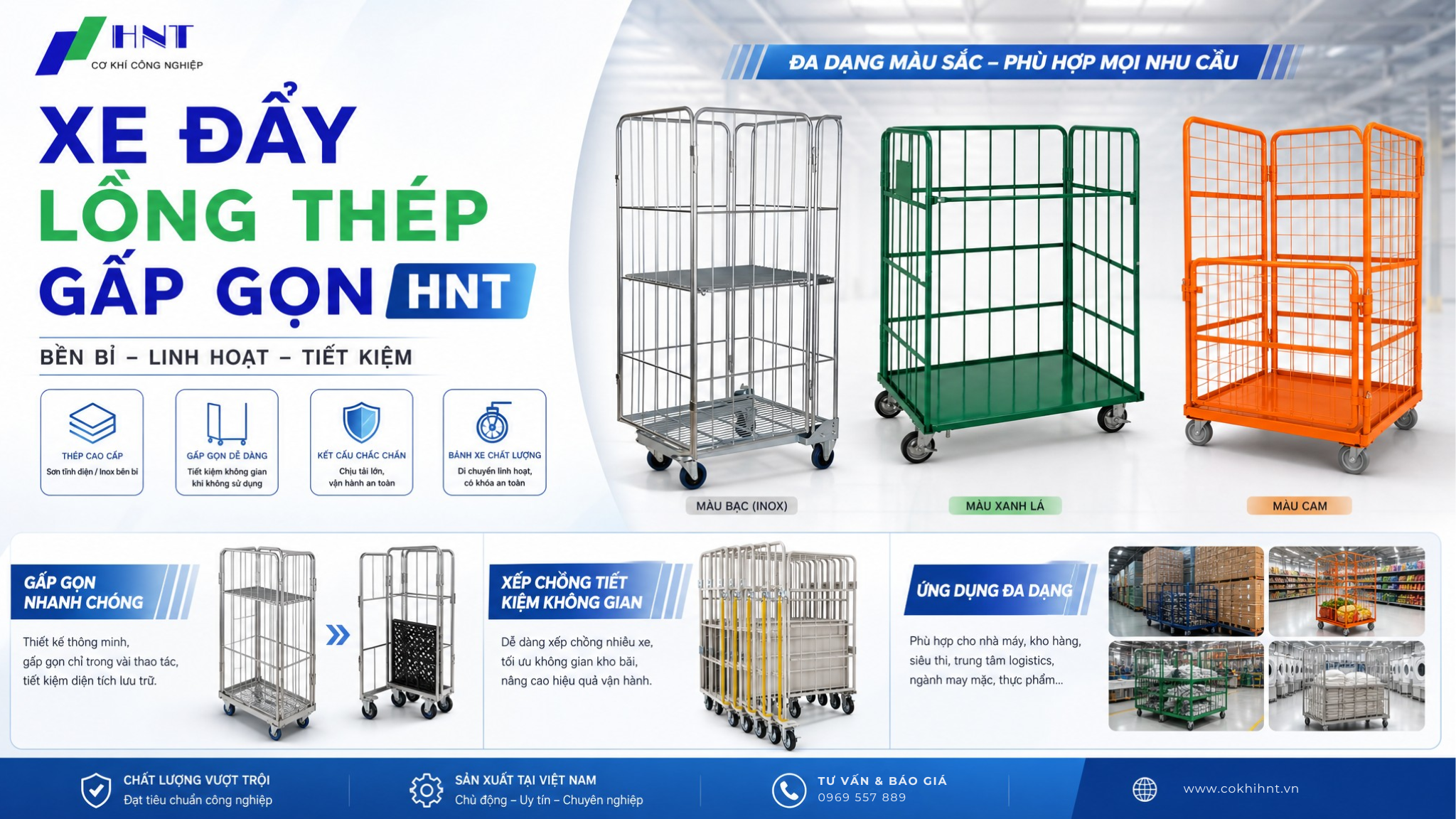 Xe Đẩy Lồng Thép Gấp Gọn HNT – Giải Pháp Tối Ưu Không Gian Kho Xưởng, Nâng Cao Hiệu Suất Vận Chuyển