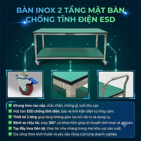 Bàn inox 2 tầng chống tĩnh điện  ESD có bánh xe