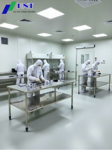 Alternative view of Bàn thao tác inox phòng sạch 2 tầng có bánh xe