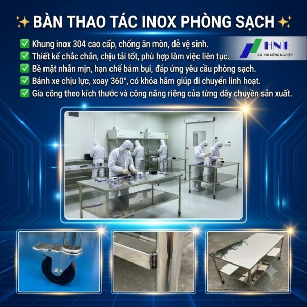Bàn thao tác inox phòng sạch 2 tầng có bánh xe