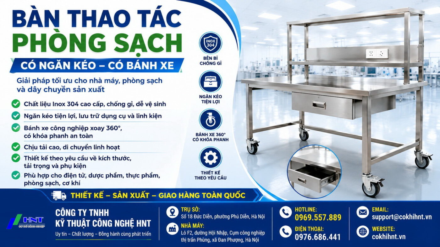 Bàn Thao Tác Phòng Sạch Có Ngăn Kéo, Có Bánh Xe – Giải Pháp Làm Việc Hiệu Quả Cho Nhà Máy Hiện Đại