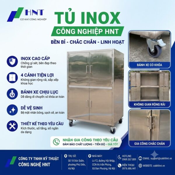 Tủ inox 4 cánh đứng có bánh xe HNT