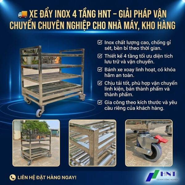 Xe đẩy inox 4 tầng chống sóc HNT