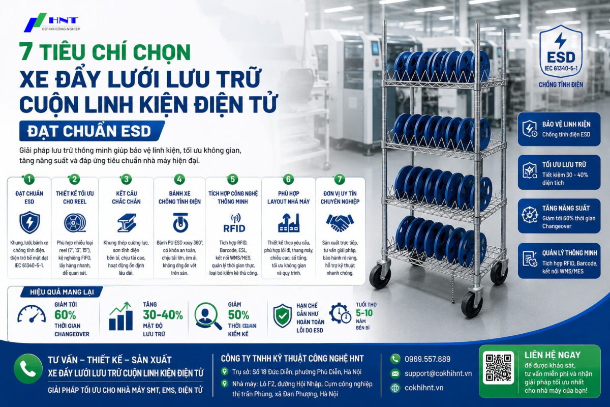 7 tiêu chí chọn xe đẩy lưới lưu trữ cuộn linh kiện điện tử đạt chuẩn ESD