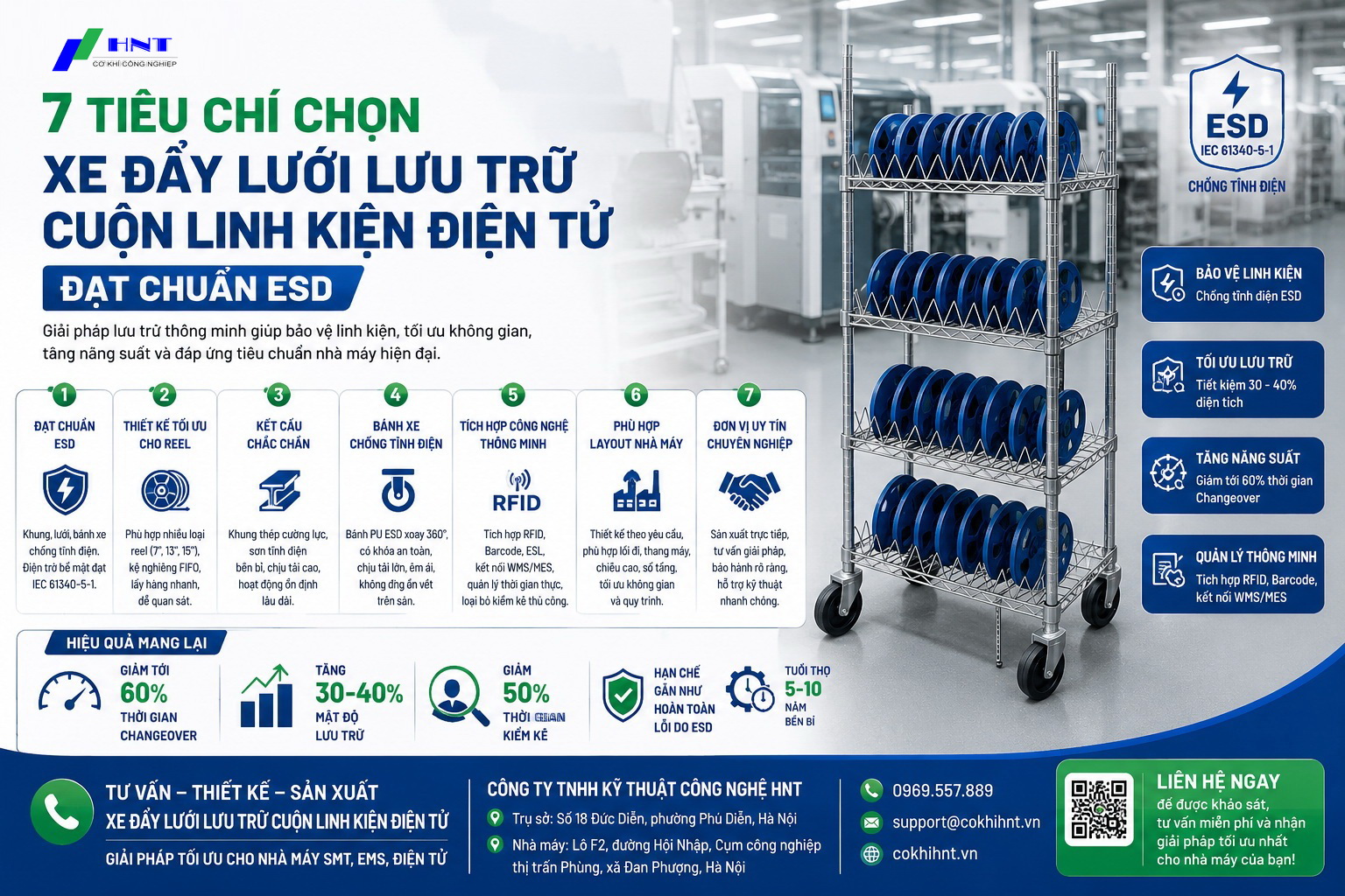 7 tiêu chí chọn xe đẩy lưới lưu trữ cuộn linh kiện điện tử đạt chuẩn ESD