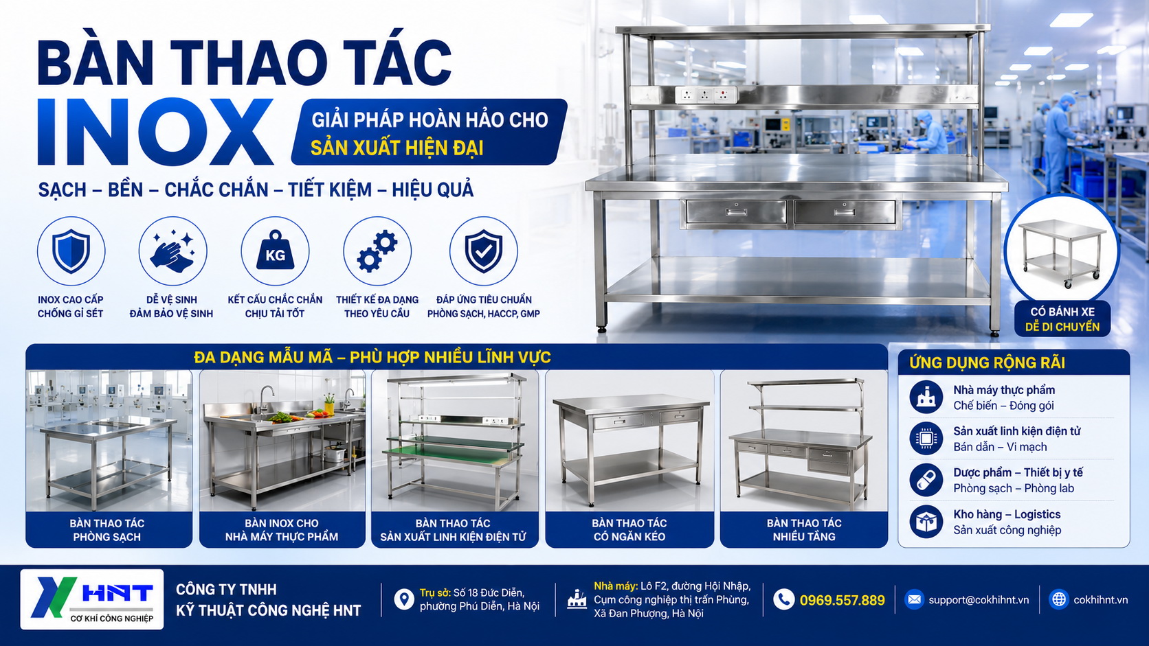 Các loại bàn thao tác inox dùng cho phòng sạch, nhà máy thực phẩm và sản xuất linh kiện