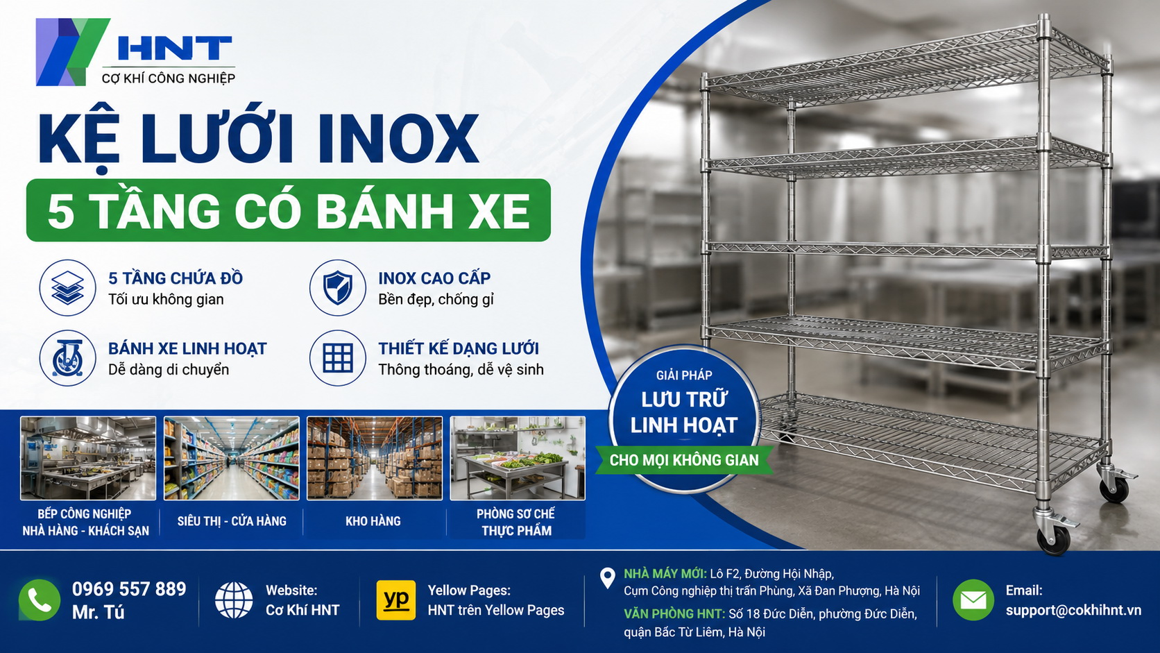 Kệ lưới inox 5 tầng có bánh xe