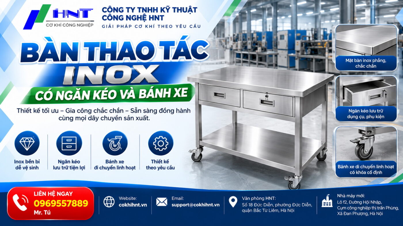 Bàn thao tác inox có ngăn kéo và bánh xe HNT