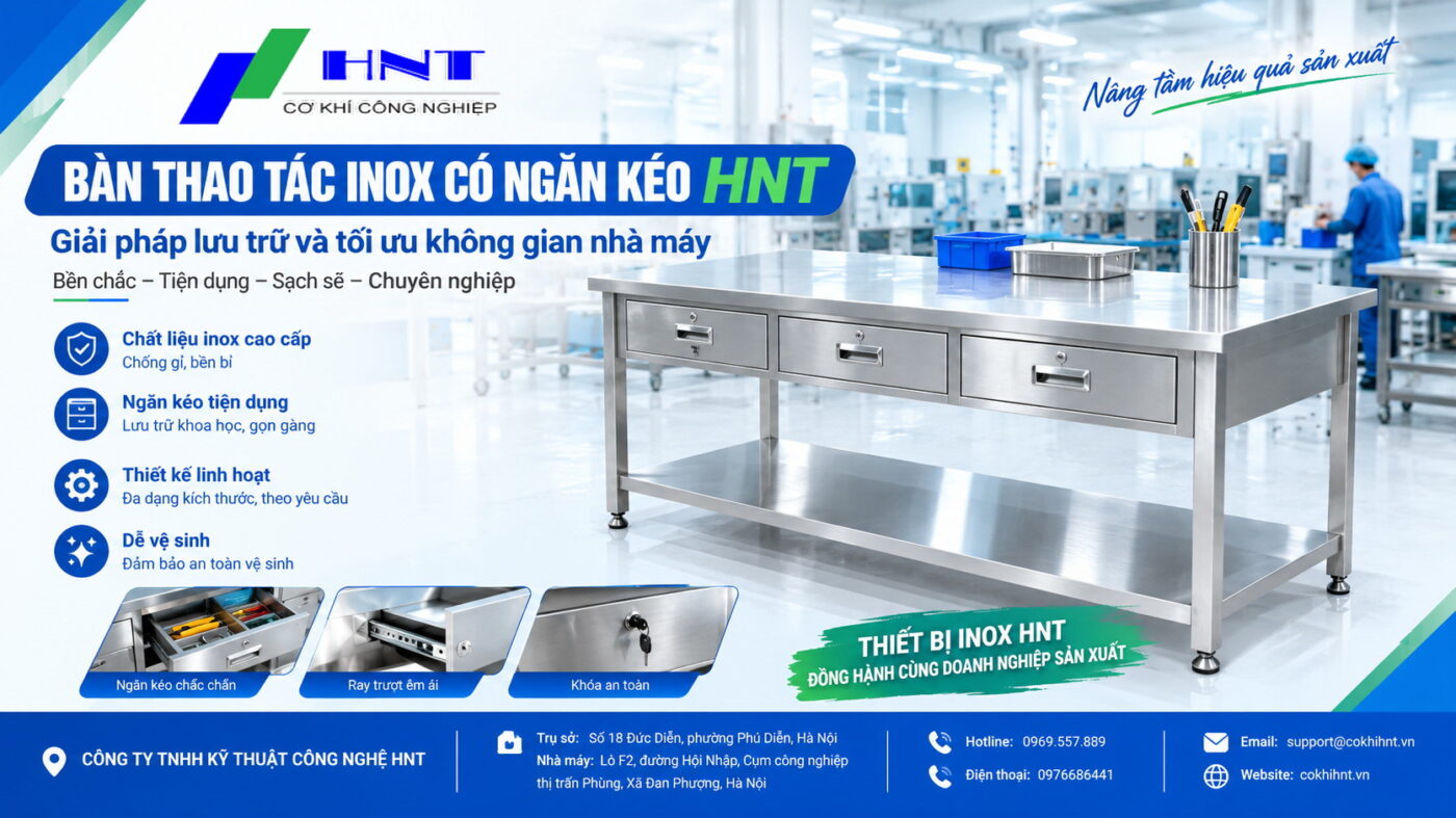 Bàn thao tác inox có ngăn kéo dùng cho nhà máy sản xuất