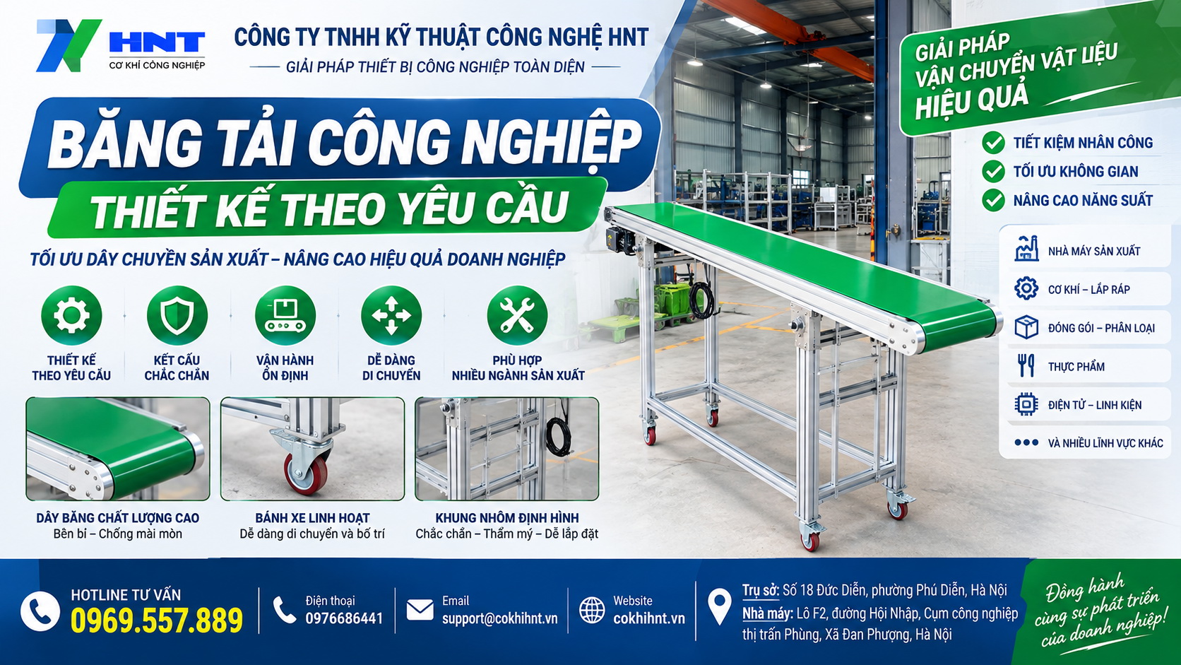 Băng tải công nghiệp HNT - Giải pháp vận chuyển vật liệu hiệu quả trong nhà xưởng.