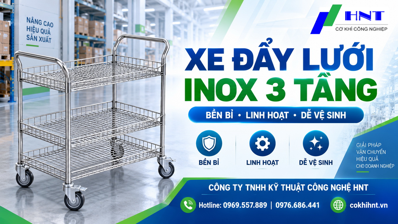 Xe đẩy lưới inox 3 tầng HNT – Giải pháp vận chuyển hàng hóa linh hoạt, bền bỉ cho doanh nghiệp