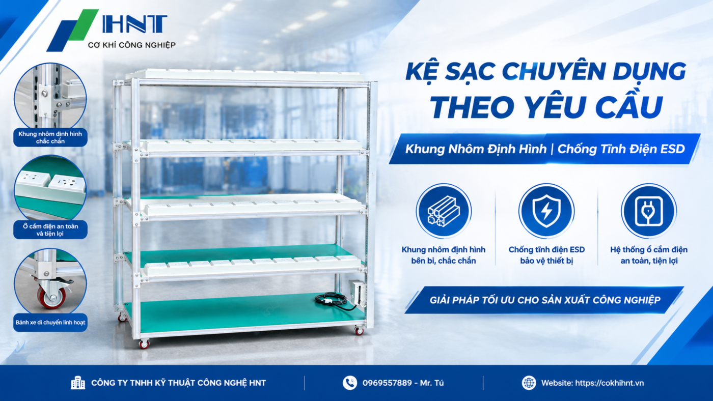 Kệ Sạc Chuyên Dụng Theo Yêu Cầu | Khung Nhôm Định Hình, Chống Tĩnh Điện ESD | Cơ Khí HNT