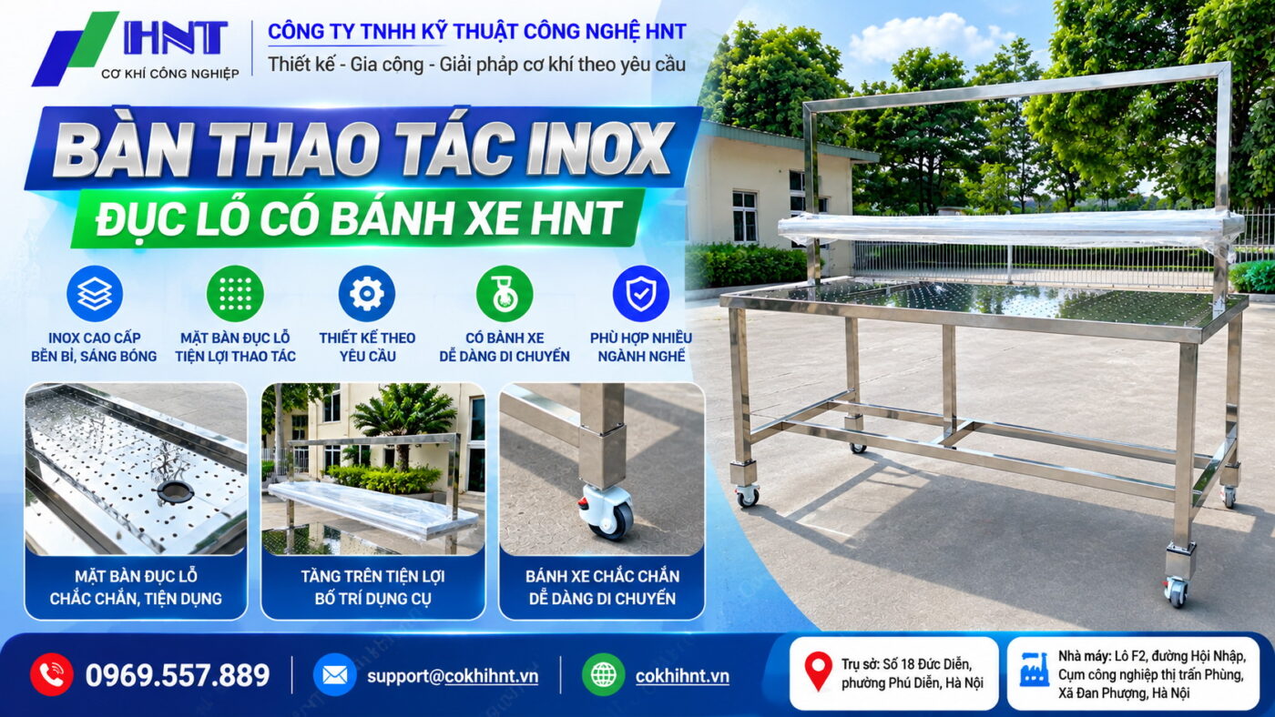 Bàn thao tác inox đục lỗ có bánh xe HNT – Giải pháp bàn làm việc cơ khí công nghiệp linh hoạt