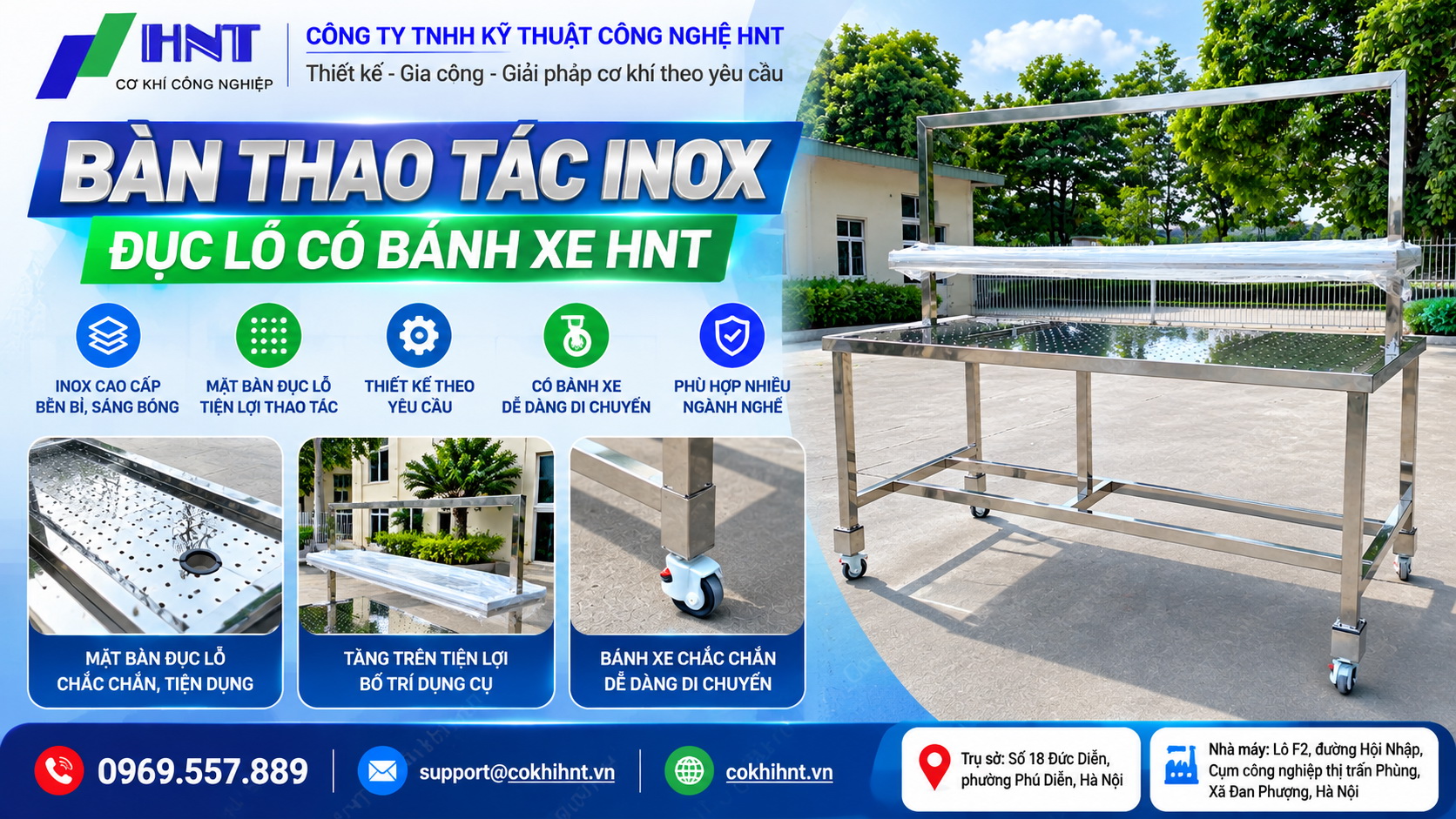 Bàn thao tác inox đục lỗ có bánh xe HNT – Giải pháp bàn làm việc cơ khí công nghiệp linh hoạt