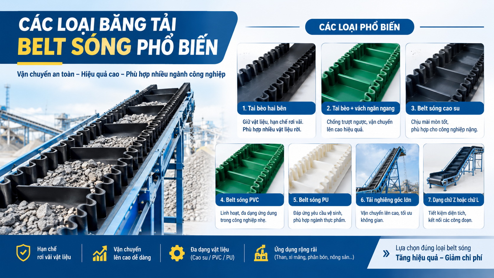 Các loại băng tải belt sóng phổ biến: Cấu tạo, đặc điểm và ứng dụng thực tế